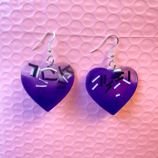 Clear and Purple Heart Dangle Earrings | Violet Sprinkle Pendants | Girly Punk Jewelry | Alt Girlies | Goth Girl Statement | Unique Emo