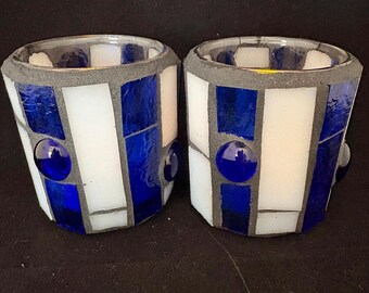 Stained Glass Mosaic Candle Holders: blue and white - Set of 2