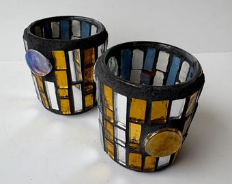 Stained Glass Mosaic Candle Holders: Silver and Gold - Set of 2