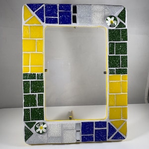 Moldura de foto em mosaico de vidro ou moldura de espelho - 4x6 - pedras de flores com cores brilhantes