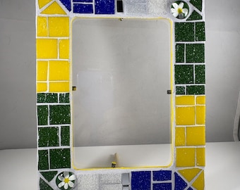 Glass tile mosaic photo frame or mirror frame - 4x6 - flower gems with bright colors
