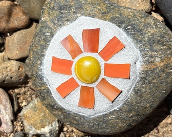 Handmade Mosaic Garden Rock - Orange flower – Colorful Outdoor Yard Art, Decorative Garden Stone