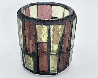 Stained Glass Mosaic Candle Holder – Unique Handmade Votive – Purple and Yellow