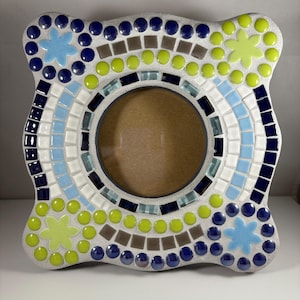 Ceramic and glass mosaic tile photo frame or mirror frame - 8x8 in blue green white