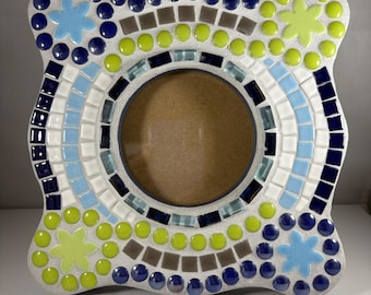 Mosaic Tile Photo Frame: Handmade Blue Green Ceramic & Glass, 8x8