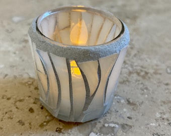 Stained glass mosaic tile candle holder votive tea light holder White Waves