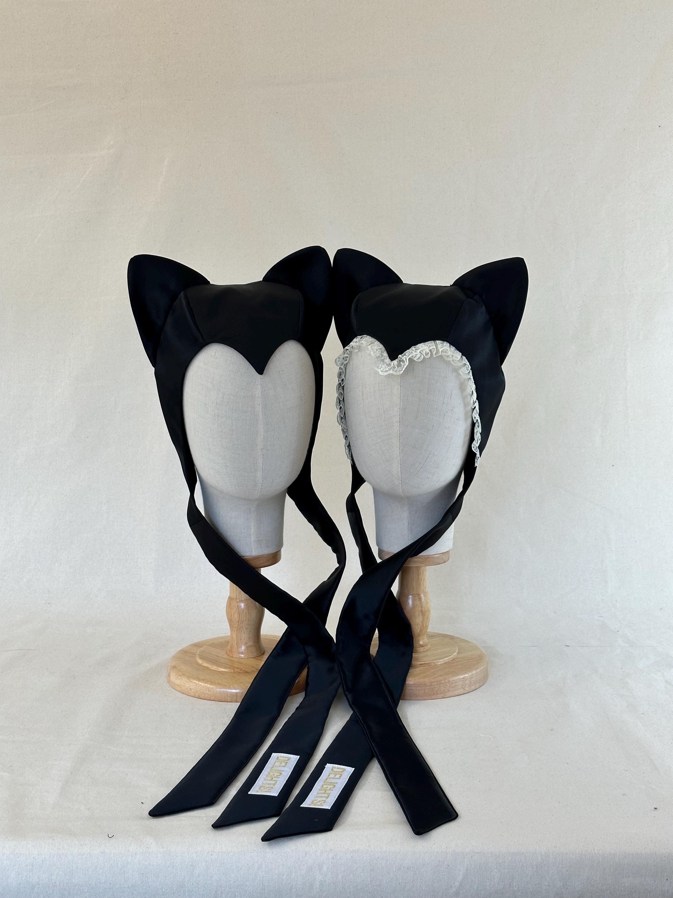Handmade Black Cat Bonnet and AB Rhinestones on Ears with Pink Satin Lining Black Cat Ears and Tail Set - Ears and Tail Set, Cat Ears  main image 2