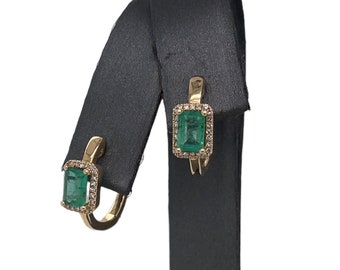 14K Yellow Gold Diamond and Emerald Huggie Hoop Earrings
