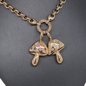 14K Yellow Gold Diamond and Multi Sapphire Mushroom Charm, Diamond, Multi Sapphire, Gold Mushroom Charm, Mushroom Charm, Gold Jewelry