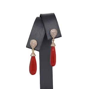 18K Yellow Gold Diamond and Red Coral Drop Dangle Earrings, Diamonds, Red Coral, Drop Earrings, Diamond Drop Earrings, Gold Drop Earrings