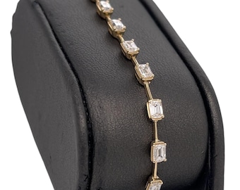 14K Solid Gelb Gold Smaragd Schnitt Diamant Station Tennis Armband