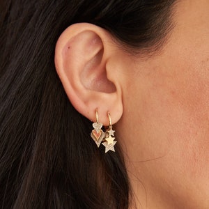 14K Yellow Gold Diamond Shiny Star, Heart, Dangle Huggie Earrings, Diamonds, Heart, Star, Celestial, Diamond Dangle Earrings