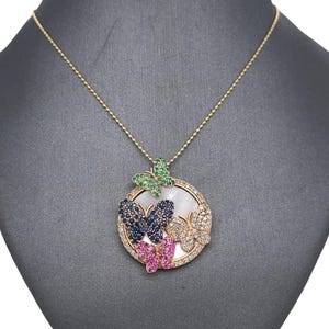 14K Yellow Gold Mother of Pearl Butterfly Pendant, Diamonds, Emeralds, Sapphires, Pink Sapphires, Butterfly Pendant, Gold Butterfly Pendant