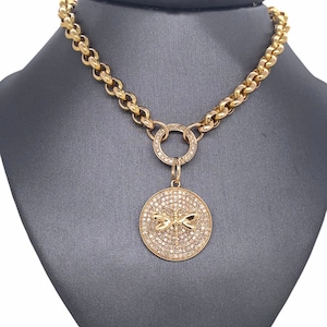 14K Solid Gold, Full Pave Set Diamonds Dragonfly Disc Medallion Charm Pendant