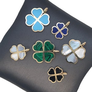 14K Italian Gold Inlay Clover Charm, Yellow Gold, Mother of Pearl, Onyx, turquoise, Lapis Lazuli, Malachite, Inlay, Clover, Floral Charm