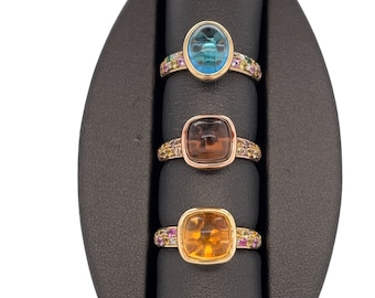 14K Solid Gold Gemstone Multi Sapphire Ring, Gold, Diamond, Blue Topaz, Citrine, Smokey Quartz, Statement Piece Gemstone Ring