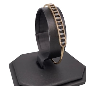14K Solid gold, Round Brilliant Cut Pave Set Diamonds, Baguette Diamonds Open Design Cuff Bangle Bracelet
