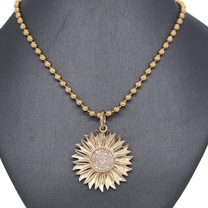 14K Solid Yellow Gold Diamond Sunflower Pendant, Diamond Charm, Sunflower Pendant, Yellow Gold Pendant, Diamonds, Diamond Pendant