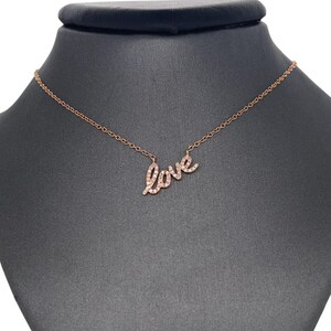 14K Rose Gold Diamond &quot;Love&quot; Pendant Necklace, Rose Gold Necklace, Dainty Gold Necklace, Love, Diamond Love Necklace, Diamond Gold Jewelry