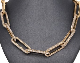 14K Solid Yellow Gold Diamond Paperclip Chain Necklace