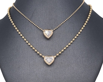◆VINTAGE HOLLYWOOD◆ Heart Ball Chain NecklaceVH25NNNE104V Ca 1950s 14K Puffy Heart w/ Gemstones Necklace 18