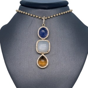 14K Solid Yellow Gold Diamond Cabochon Pendant, Tanzanite, Moonstone, Citrine, Precious Stones, One of a Kind Statement Piece Charm