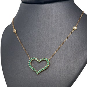 18K Solid Gold Emerald Necklace,  Emerald Heart Charm Pendant, diamond by the yard, cable link necklace, Jewelry