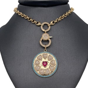 Lionheart™ Signature 14K Solid Yellow Gold Ruby Heart Diamond and Turquoise Medallion, Diamond, Ruby, Turquoise, Diamond Heart Charm Pendant