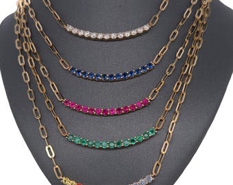 14K Solid Yellow Gold Diamond, Emerald, Multi Sapphire, or Sapphire Bar Necklace