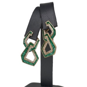 14K Yellow Gold Diamond and Emerald Statement Drop Earrings, Diamonds, Emerald, Emerald Earrings,Statement Piece Diamond Earrings
