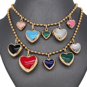 14K Gold mother of Pearl, Malachite, Turquoise, Lapis, Red Coral, Peach Coral, Onyx, Puffed Heart Inlay Charm Pendant