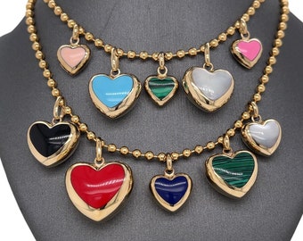 14K Gold mother of Pearl, Malachite, Turquoise, Lapis, Red Coral, Peach Coral, Onyx, Puffed Heart Inlay Charm Pendant