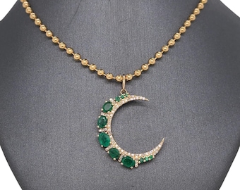 14KTイエローゴールド三日月型天然グリーンマラカイト象嵌フラット