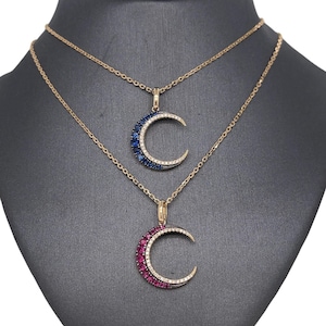 14K Yellow Gold Diamond and Gemstone Crescent Moon Pendant Necklace, Sapphire Moon Necklace, Ruby Moon, Moon Pendant Necklace, Diamonds