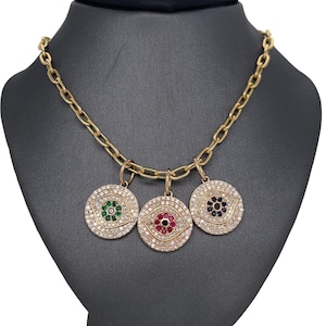 14K Yellow Gold Diamond and Gemstone Evil Eye Charm, Emerald, Ruby, Sapphire, Diamonds, Evil Eye, Dainty, Diamond Evil Eye Pendant