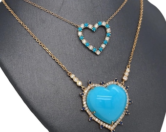 14K ソリッド イエロー ゴールド ダイヤモンド ターコイズ LOVE ハート