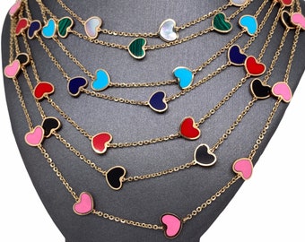 14 K Solid Italian Yellow Gold Diamond Cut Cable Chain Turquoise, Onyx, Mother Of Pearl, Malachite, Lapis, Coral Mini Heart Chain Necklace