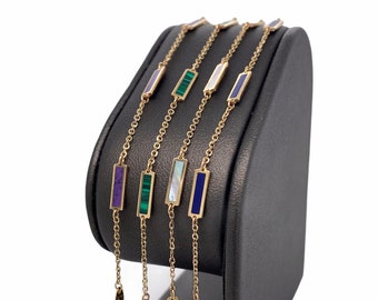 14 K Solid Gold Diamond Cut Cable Link Chain Bracelet With rectangle bars, malachite, mother of pearl, lapis bar dainty chain bracelet