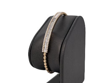 Oro macizo de 14K, brazalete de bolas con cuentas, diamantes pavé, diamantes baguette, brazalete