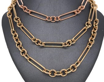 14K Gold, High Quality Italian Gold, Alternating Links, Albert style, paper Clip, Adjustable link, Statement trombone Link Chain Necklace
