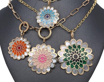 14K Italian Yellow Gold Gemstone Inlay Flower Charm