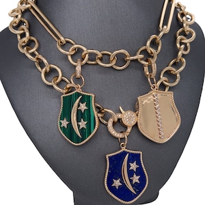 14K Solid Yellow Gold Diamond Shield Pendant, Diamond, Gold, Lapis, Malachite, Shield Pendant, Gold Shield Pendant, Moon, Stars