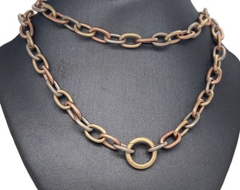 14K Solid Tri-Color Gold Paperclip Oval Link Necklace