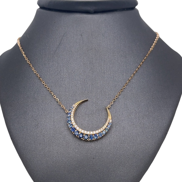 Lionheart™ 18K Yellow Gold Diamond and Sapphire Moon Pendant Necklace, Celestial Necklace, Moon Pendant Necklace, Diamonds, Blue Sapphires