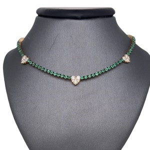 14K Yellow Gold Diamond and Emerald Heart Tennis Necklace, Diamonds, Diamond Tennis Necklace, Emerald Tennis Necklace, Diamond Jewelry