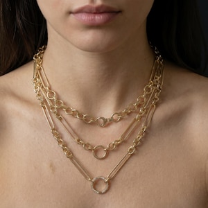 14K Italian Gold Albert Trombone Link Adjustable Circle Ring Lariat Chain Necklace