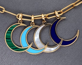 14K Solid Yellow Gold, Italian Yellow Gold, Gemstone Inlay Charms, Mother of Pearl, Malachite, Lapis, Turquoise Inlay Crescent Moon Charms