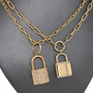 14K Solid Gold, Pave Diamonds, Polished, Diamond Padlock Charm Pendant Necklace