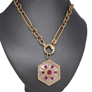 14K Yellow Gold Diamond and Ruby Sunburst Charm Pendant, Mother Of Pearl, Bezel, Diamonds, Sunburst, Hexagon, Diamond Celestial Pendant