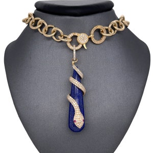 14K Solid Yellow Gold Lapis Lazuli Amulet with Diamonds and Ruby Pendent, Snake, Serpent Charm, One of a Kind Statement Piece Charm